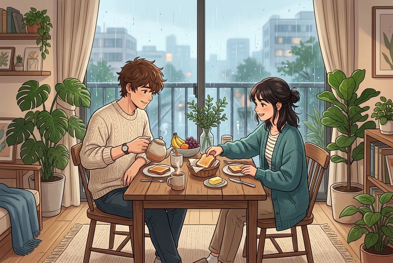 Anime-inspired cartoon scene of a young couple eating breakfast beside a rainy apartment balcony surrounded by green indoor plants.