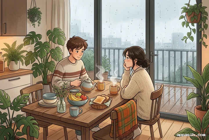 Wide anime-inspired cartoon view of a young couple sharing breakfast beside a rainy apartment balcony with steaming tea, indoor plants, and warm morning light.