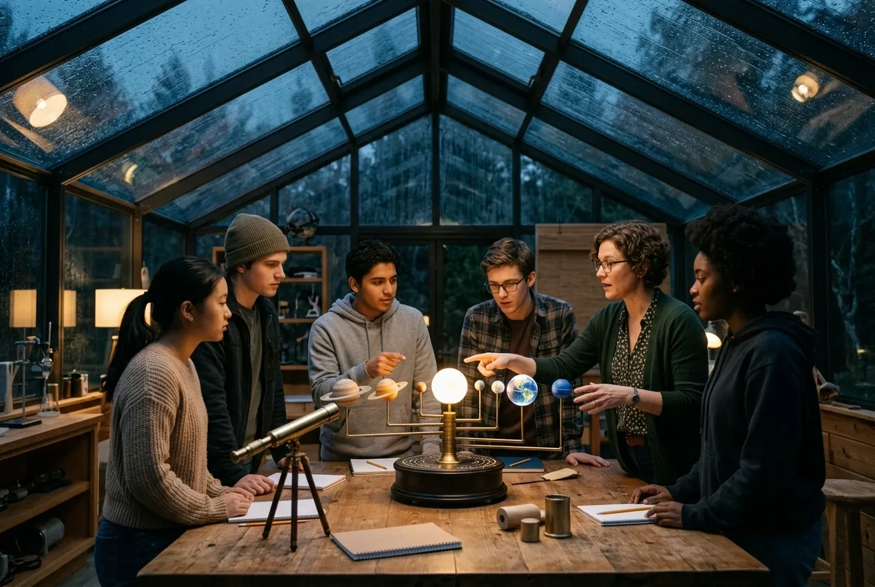 Science teacher and students studying an illuminated solar-system model during a cinematic astronomy lesson in a rainy glass-roof classroom.