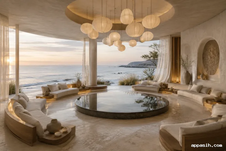 Premium coastal meditation pavilion with a black-stone reflecting basin, crescent linen benches, floating frosted lanterns, travertine surfaces, and a misty sunrise ocean view.