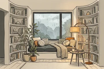 Hand-drawn doodle interior of a cozy sunken reading nook with curved bookshelves, plants, warm cushions, and a large rain-streaked window.