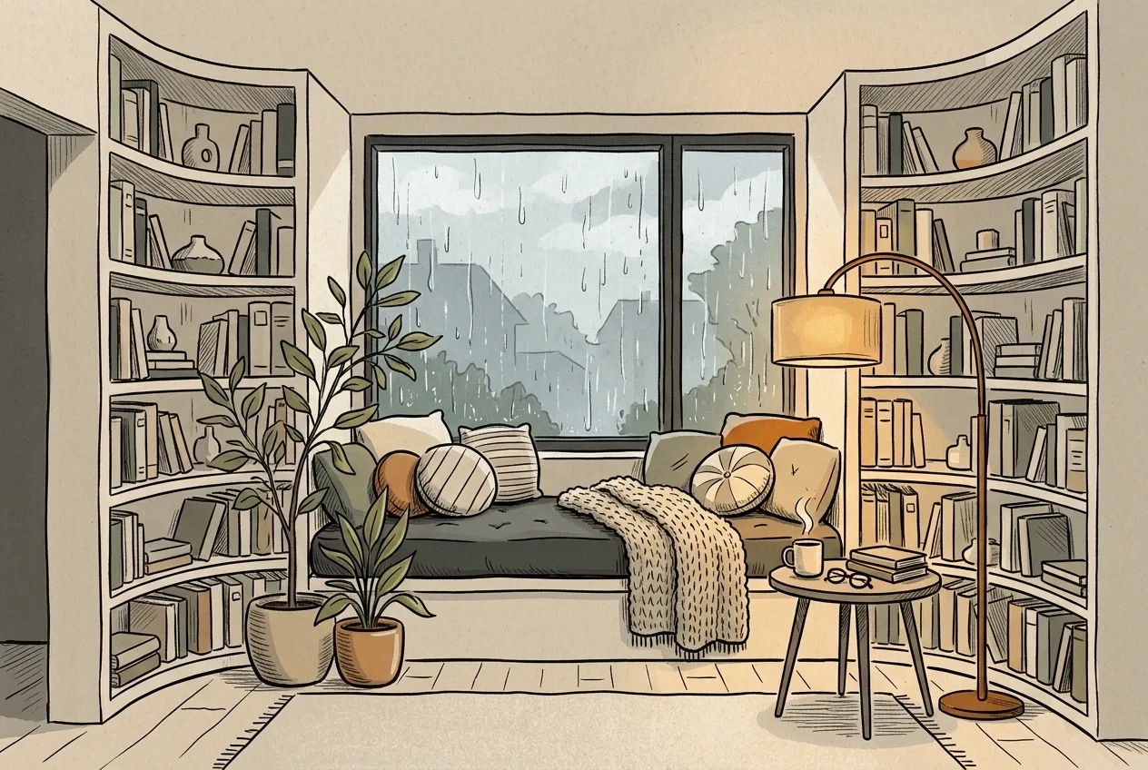 Hand-drawn doodle interior of a cozy sunken reading nook with curved bookshelves, plants, warm cushions, and a large rain-streaked window.