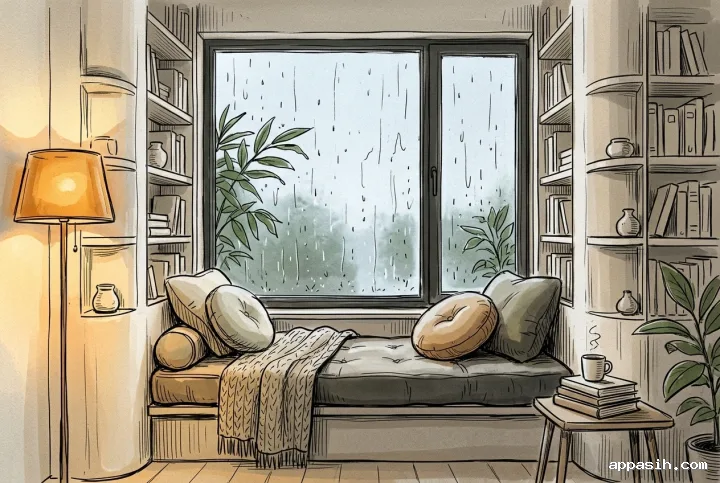 Closer hand-drawn doodle view of a rainy apartment reading nook with curved built-in bookshelves, layered cushions, indoor plants, and warm lamp light.