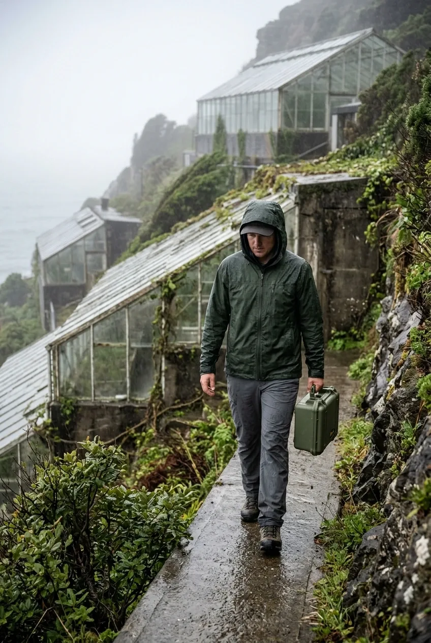 Seed vault courier carrying a botanical case through a rain-soaked cliffside greenhouse complex surrounded by monsoon mist.