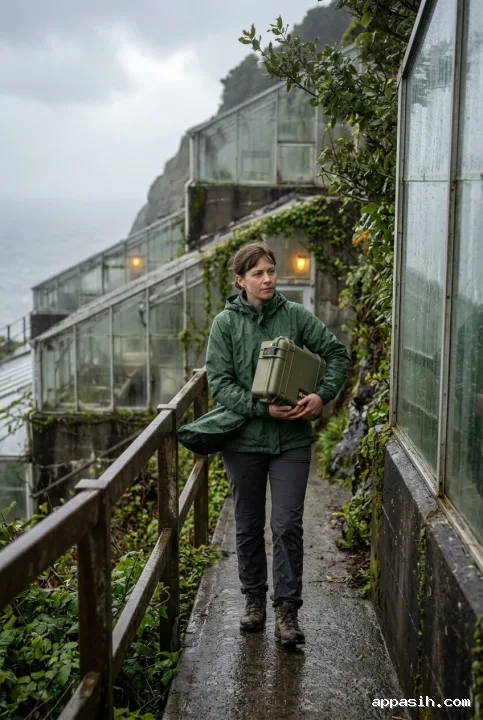 Seed vault courier moving through the same misty cliffside greenhouse complex with a botanical case as rain and soft utility lights illuminate wet glass and concrete.