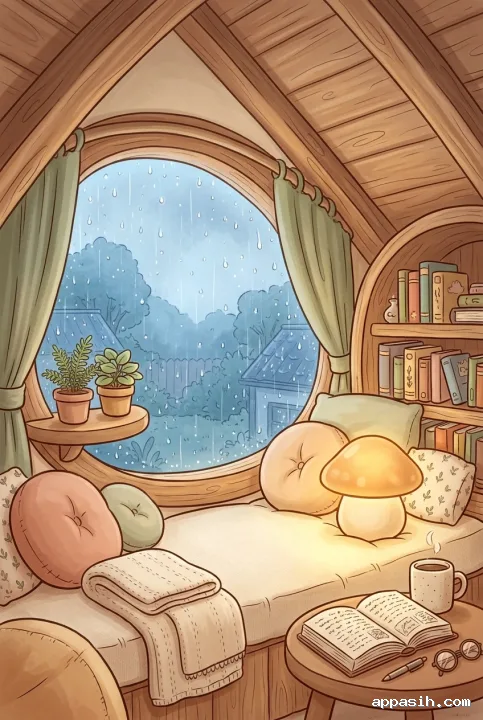 Detailed kawaii cartoon attic reading nook with a rainy crescent window, cushioned seat, rounded bookshelf, warm mushroom lamp, plants, blanket, and pastel decor.