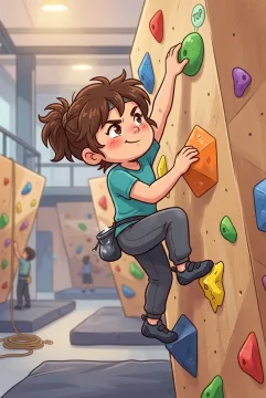 Chibi rock climber reaching toward the final hold on a colorful indoor bouldering wall.