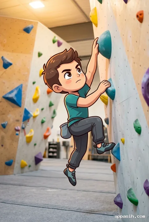 Chibi indoor rock climber viewed from a lower angle while reaching for the final bouldering hold.