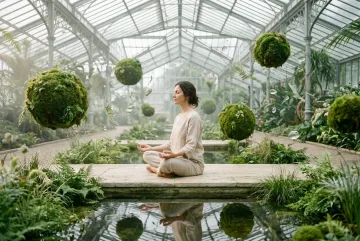 Woman practicing breathwork in a surreal botanical sanctuary with floating moss spheres, suspended water droplets, lush plants, and soft morning light.