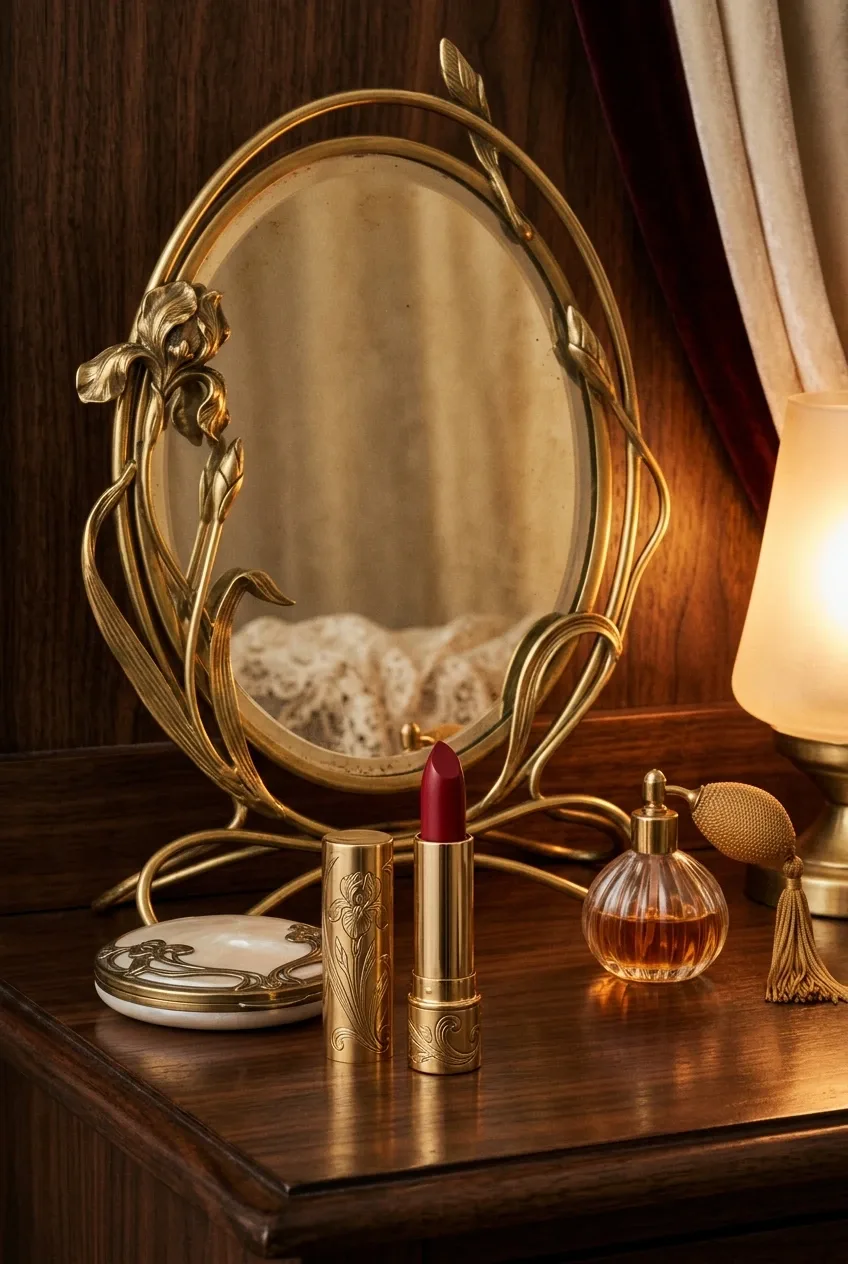 Crimson lipstick beside a pearl powder compact and glass perfume atomizer on an Art Nouveau vanity with a floral brass mirror and warm retro lighting.