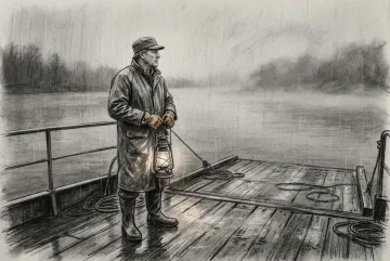 Charcoal drawing of a ferry signal keeper holding a lantern on a rainy mist-covered river deck.