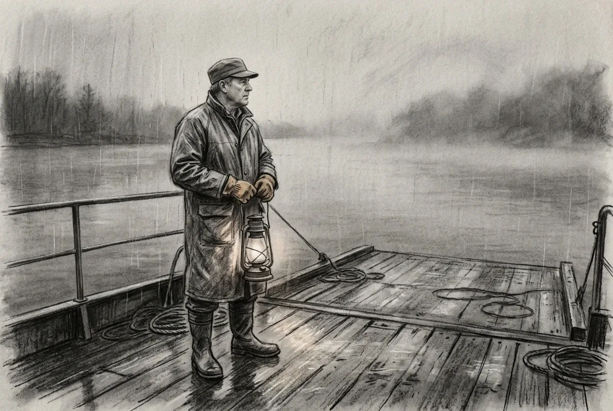 Charcoal drawing of a ferry signal keeper holding a lantern on a rainy mist-covered river deck.
