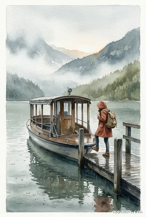 Detailed watercolor painting of a raincoat-clad traveler stepping toward a covered wooden ferry on a misty mountain lake beneath soft rainy morning light.