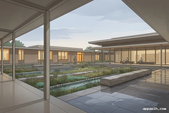 Detailed 2D illustration of the same rain garden courtyard library viewed from beneath a covered passage, with reflective paving, planted water channels, quiet readers, and softly glowing windows after rain.