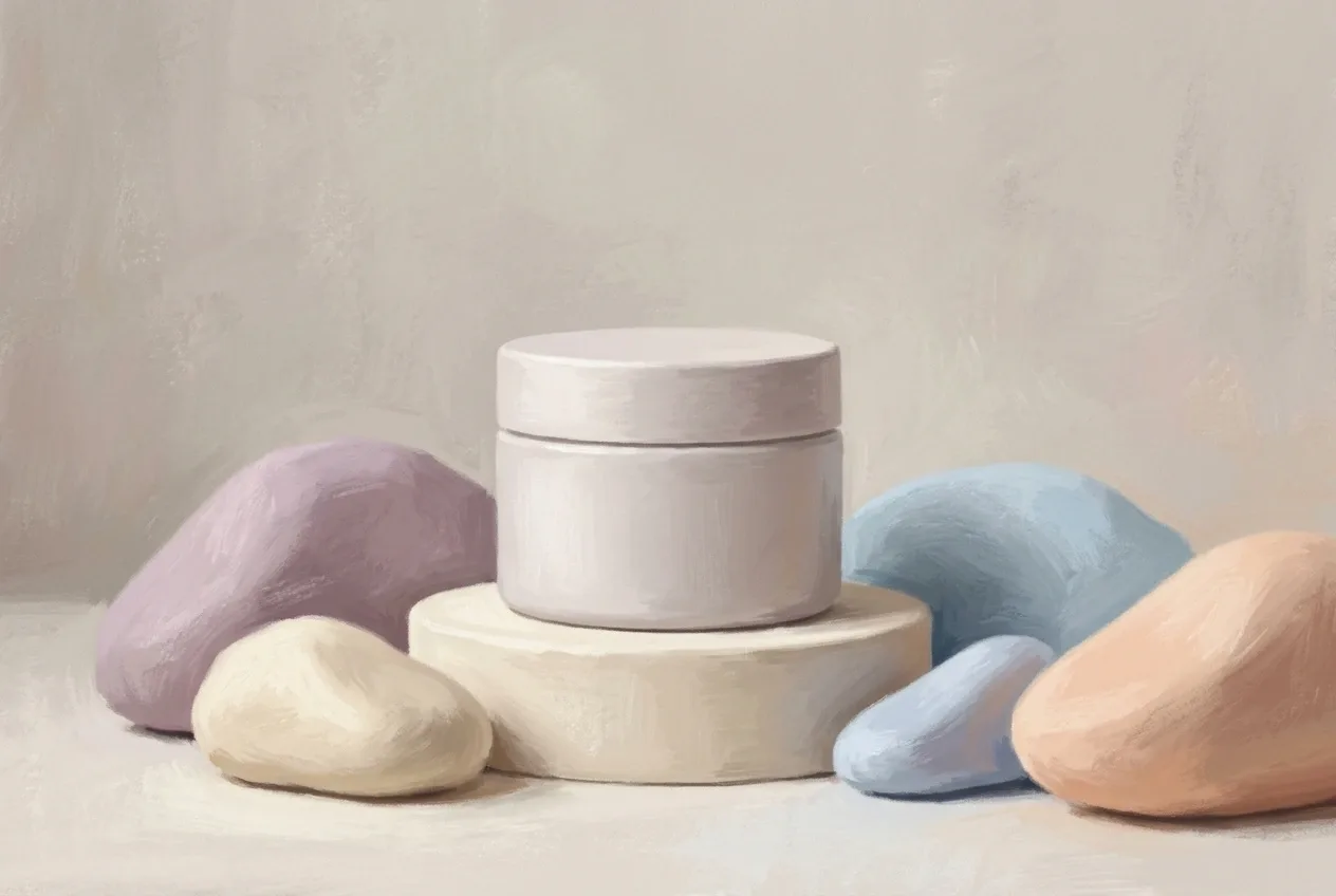 Blank cosmetic balm jar on a sculptural pedestal with peach, blue, cream, and lavender pastel-painted forms.