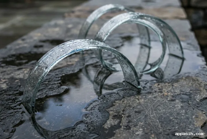 Three translucent glass ribbons seen from a lower angle on rain-wet dark stone, with detailed droplets, silver highlights, realistic refraction, and quiet reflective curves.