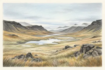 Colored pencil drawing of a mistlit basalt valley with amber grasslands, reflective pools, dark volcanic rocks, and distant ridges beneath an overcast sky.