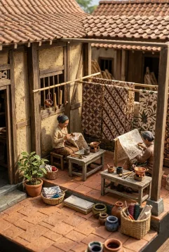 3D miniature diorama of a Javanese batik courtyard workshop with artisans making patterned cloth beneath a traditional tiled roof.