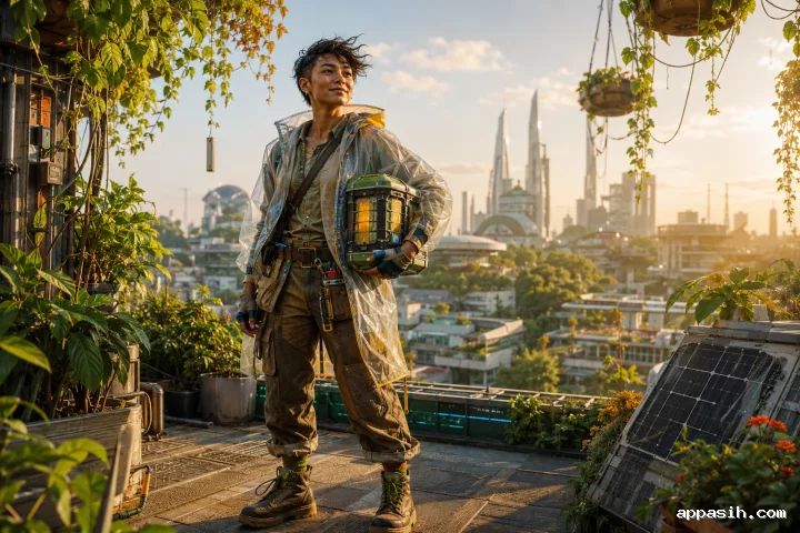 An original solarpunk rooftop systems repairer displays a compact energy regulator among solar devices, irrigation equipment, and dense urban greenery at golden hour.