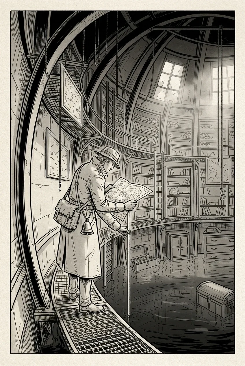 Line art drawing of a fog bell cartographer mapping rising water inside a tall flooded archive tower with suspended charts and narrow walkways.