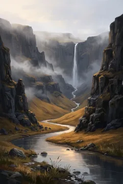 Digital painting of a misty amber canyon with a tall waterfall, dark basalt cliffs, and a reflective winding river at dawn.
