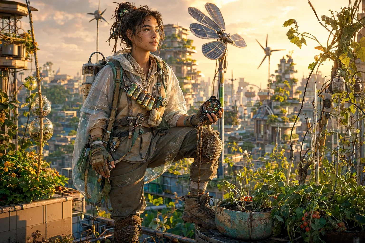 A young eco-futuristic sky apiarist stands in a rooftop garden holding a smart hive module while small pollinator drones hover nearby above a green future city.