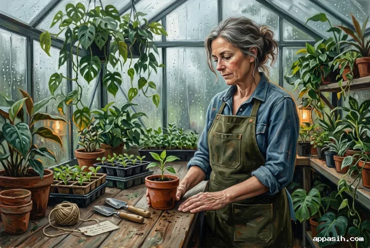 Detailed acrylic painting portrait of a botanist placing a young seedling on a wooden bench inside a rainy greenhouse surrounded by lush foliage.
