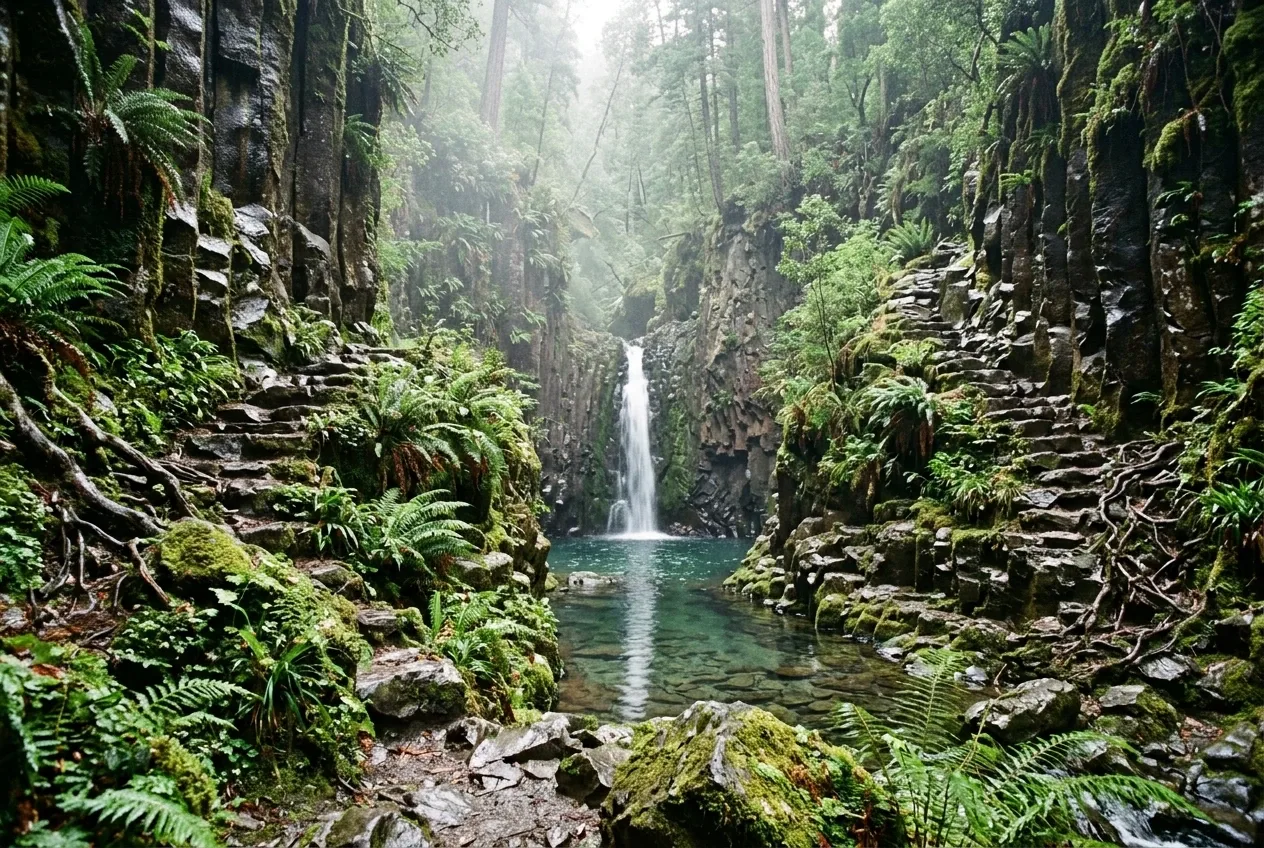 Misty basalt gorge with a narrow waterfall, mossy volcanic rocks, layered fern terraces, and clear forest water in realistic 3D architectural visualization.