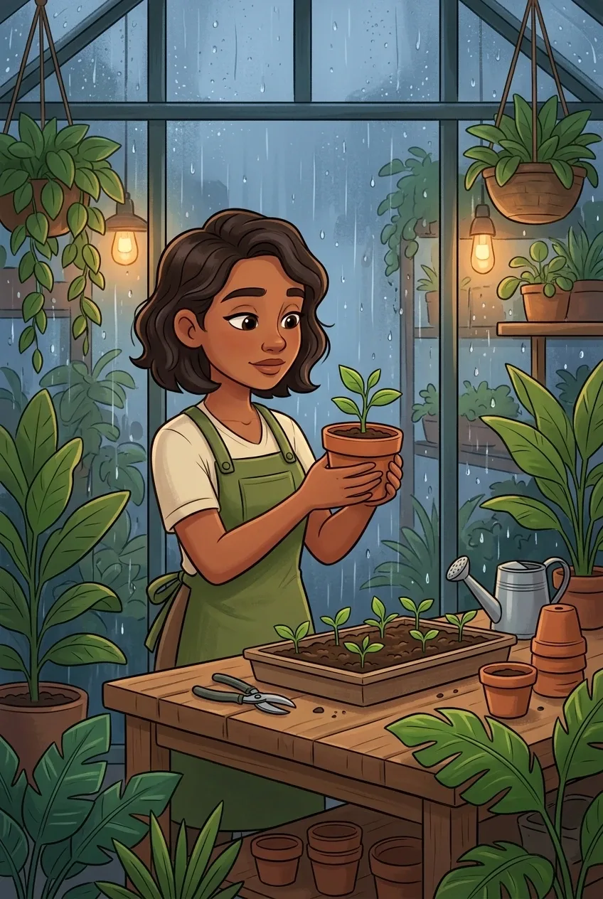 Cartoon portrait of a young greenhouse botanist holding a seedling beside a planting table while rain falls across greenhouse windows.