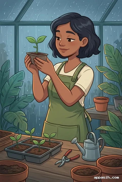 Detailed Cartoon portrait of a young greenhouse botanist examining a seedling beside a planting table under warm lights and rain-covered glass.