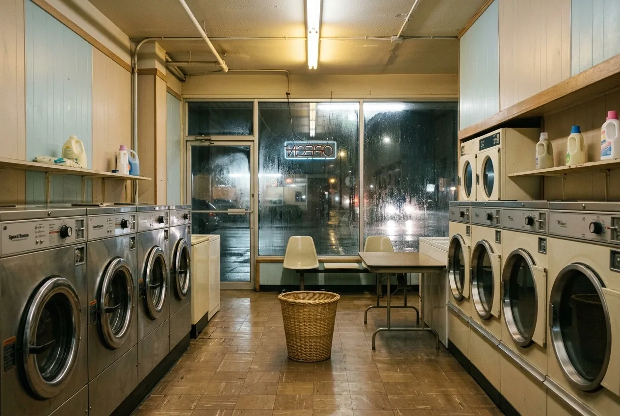 Rainy 1980s coin laundry at midnight with chrome washing machines, empty plastic chairs, a laundry basket, and reflections across wet storefront windows.