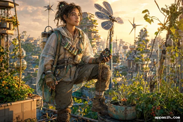 An eco-futuristic urban sky apiarist stands on a rooftop biodiversity tower holding an open smart hive core among flowers, modular hives, and small pollinator drones at sunrise.