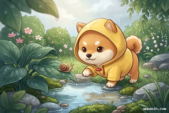 Chibi Shiba Inu in a yellow raincoat leaning toward a tiny snail beside a puddle in a detailed rain-soaked garden.
