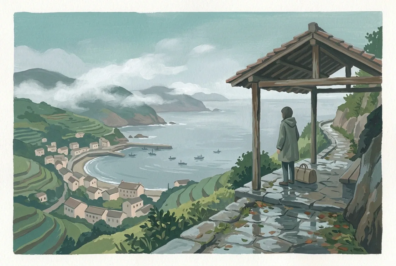 Gouache painting of a lone traveler resting at a rainy cliffside tea shelter above a misty coastal village and calm bay.