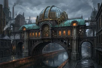 Steampunk observatory spanning a copper-lined canal with iron arches, brass gears, a glass dome, steam pipes, wet masonry, and warm industrial lights.