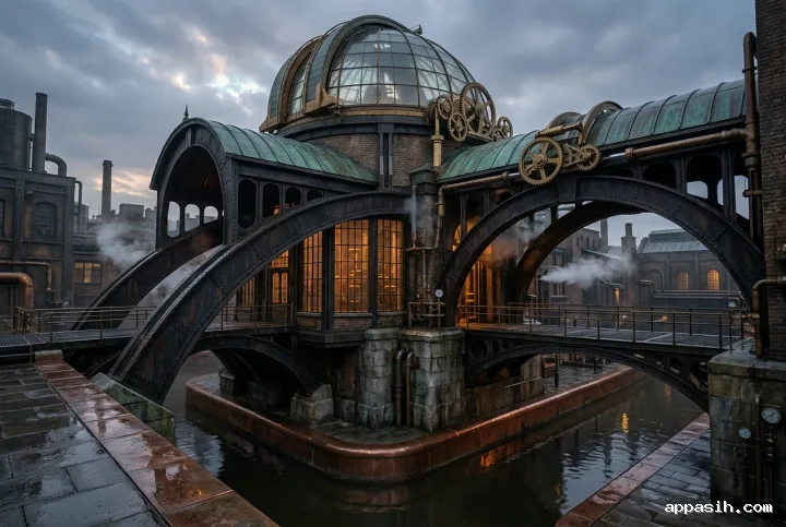 Low three-quarter view of the same steampunk observatory above a copper canal, featuring monumental iron supports, brass shutter gears, a glass dome, drifting steam, wet stone, and warm amber windows.