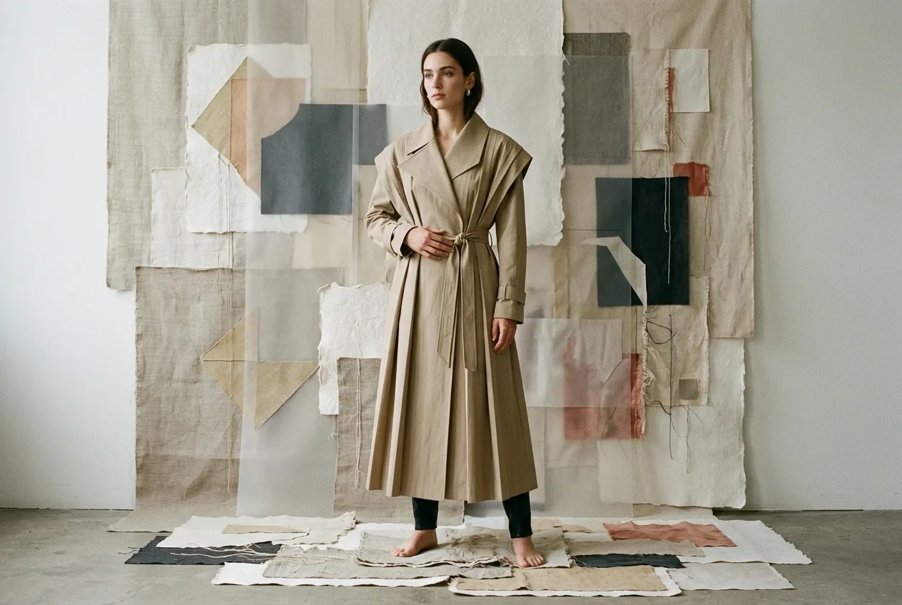 Fashion model in a sculptural stone-colored pleated trench coat standing among layered fabric, torn paper, acetate panels, and stitched textile shapes.