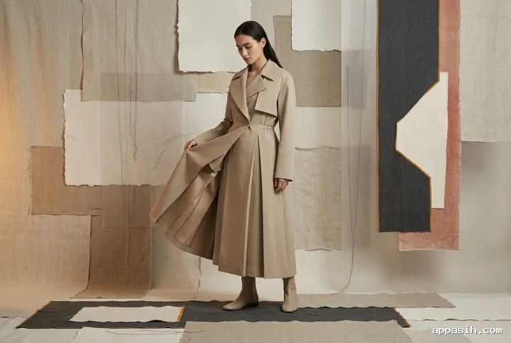 Fashion model gently lifting the lapel of a sculptural pleated trench coat within a layered studio collage of linen, torn paper, acetate, and stitched textile forms.
