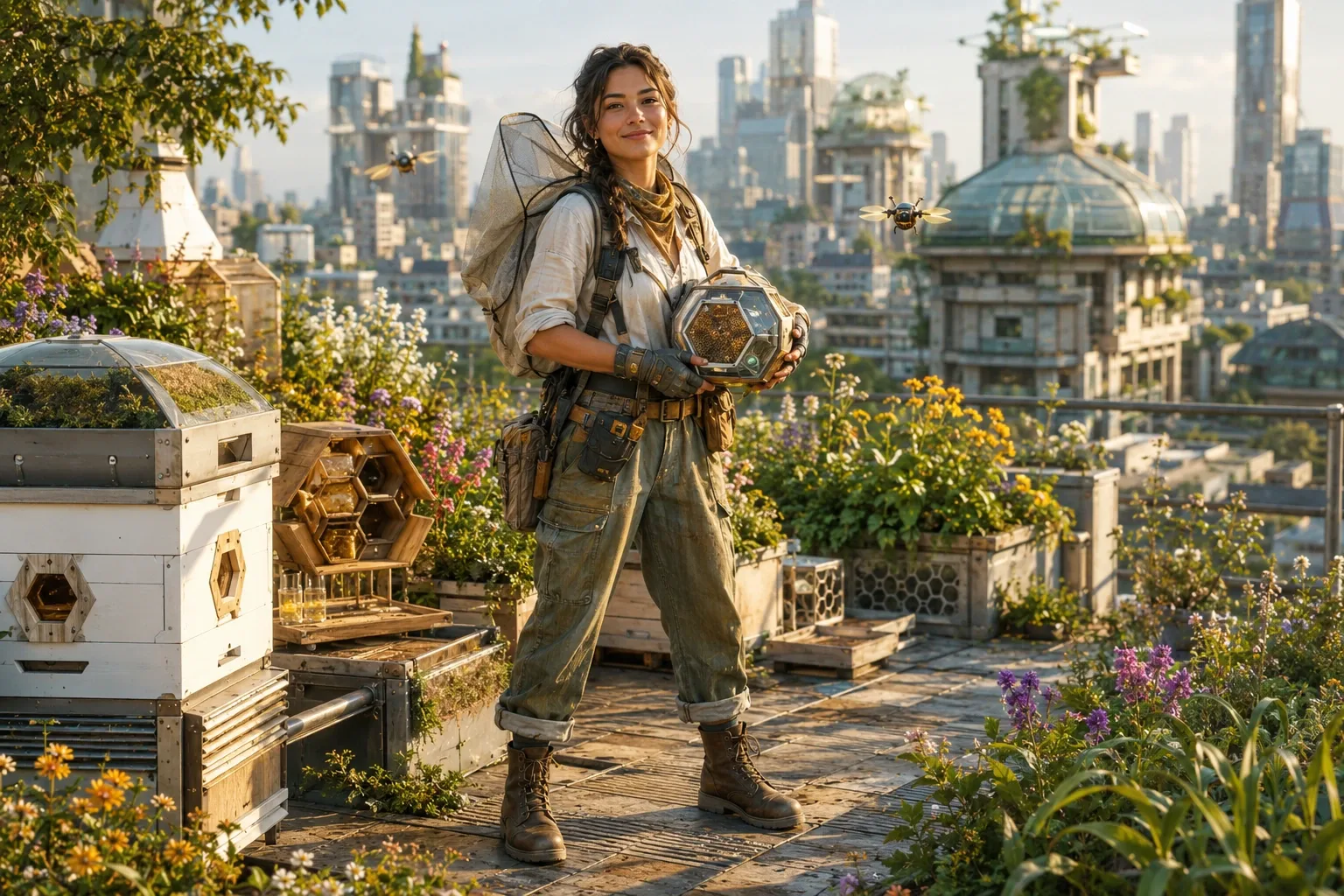 A young retro-futuristic memory courier wearing handcrafted utility clothing and carrying glowing capsules on an elevated platform above a colorful future city.
