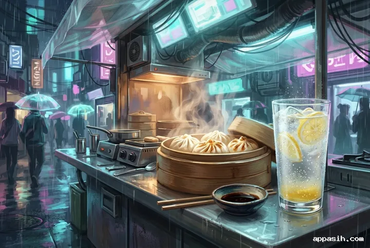 Detailed cyberpunk concept art of bao buns steaming beside sparkling yuzu soda at a rain-soaked neon night market counter.