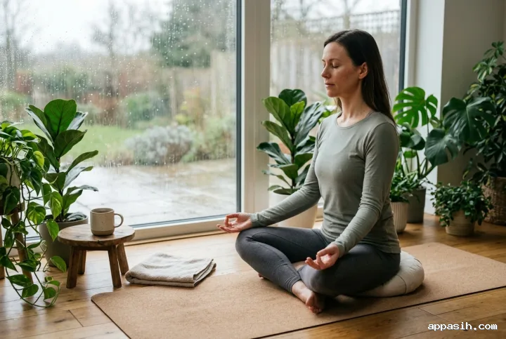 Adult woman finishing a slow breathwork exhale beside a rainy studio window, seated on a cork yoga mat among green plants, herbal tea, and soft natural morning light.