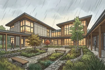 Comic book style contemporary courtyard library surrounding a landscaped rain garden with angular roofs, covered walkways, geometric windows, and warm interior lighting.