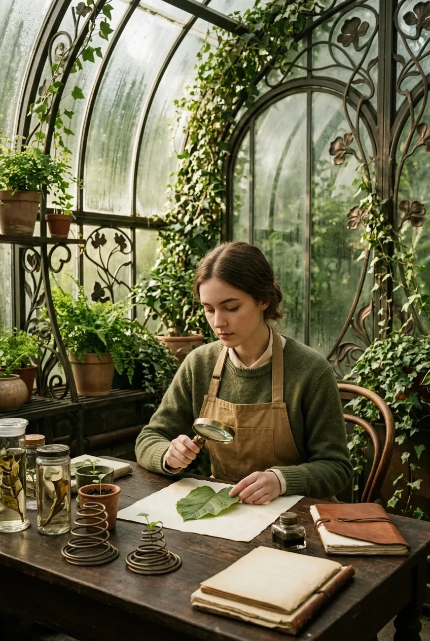 Young adult botany student examining a leaf with a magnifying glass in a retro Art Nouveau greenhouse classroom filled with botanical specimens and teaching models.