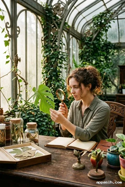 Closer three-quarter view of a young adult botany student studying a leaf with a brass magnifying glass in a retro Art Nouveau greenhouse classroom with botanical teaching objects.