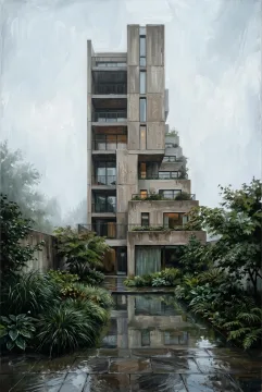 Acrylic painting of a contemporary courtyard tower with concrete terraces, a reflecting pool, wet paving, ornamental grasses, and soft amber lights during an overcast rain.