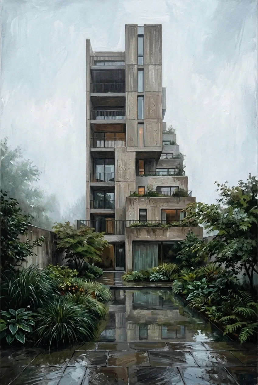 Acrylic painting of a contemporary courtyard tower with concrete terraces, a reflecting pool, wet paving, ornamental grasses, and soft amber lights during an overcast rain.