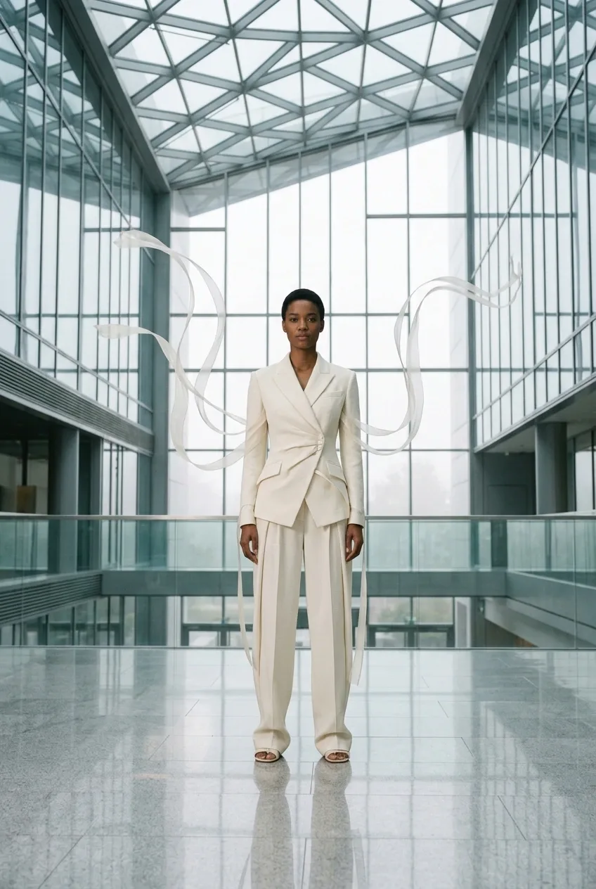 Fashion model in a sculptural ivory suit standing inside a glass atrium while translucent ribbons float surrealistically through the air.