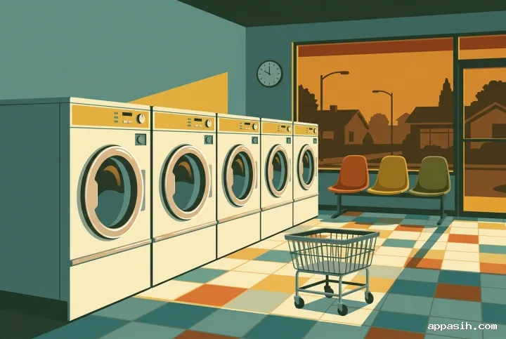 Closer minimalist graphic view of the same 1970s laundromat with cream front-loading washers, molded chairs, a laundry basket, geometric tiles, and warm amber evening light.