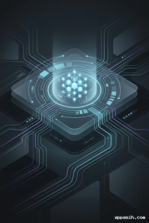Close abstract technology graphic of a glowing neural data core with layered circuit pathways, digital signal arcs, and geometric data structures.