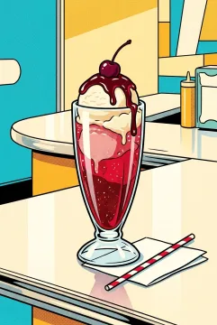 Cherry cream soda float with vanilla ice cream, cherry syrup, striped straw, and cherry garnish on a retro diner counter in Pop Art style.